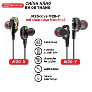 Tai nghe dây 3.5mm hãng Drapow M20 - có phím chỉnh volume - bao bì túi
